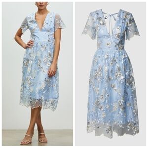 Chi Chi London Blue Embroidered Lace Midi Dress | Plunge V-Neck | Size 12 | NWT
